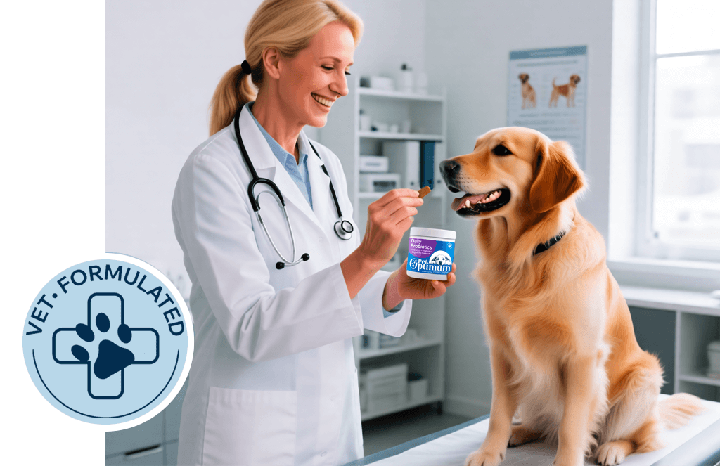 Veterinarian feeding a probiotic chew to a dog
